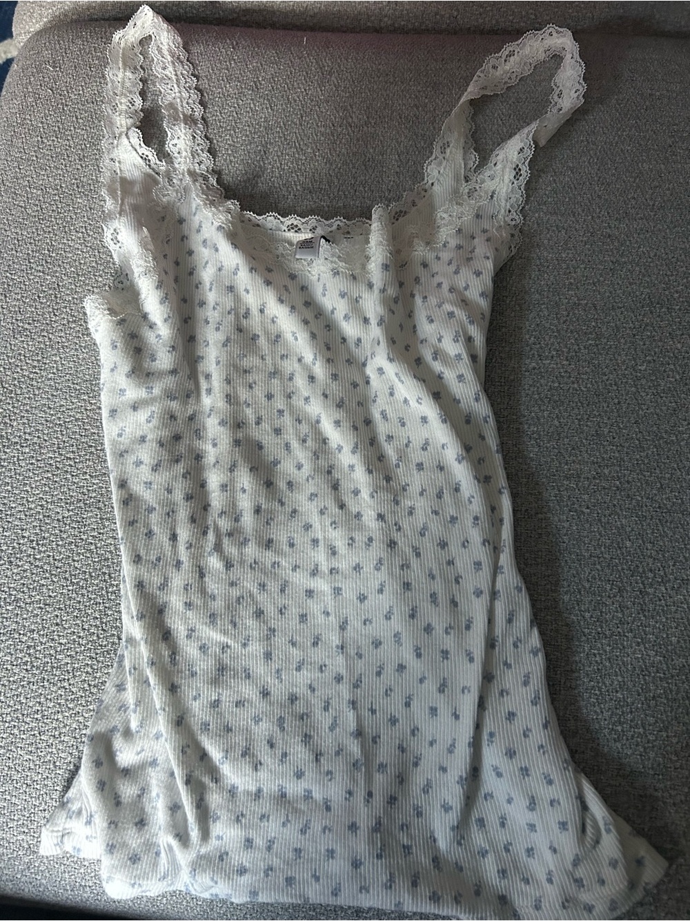 H&M White Ribbed Lace-Trim Cami with Blue Floral Print